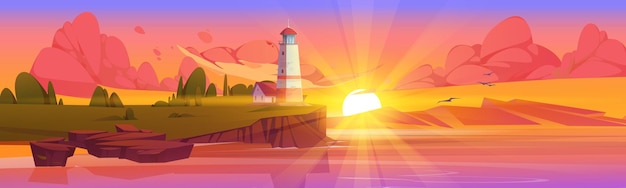 無料ベクター 海岸の灯台 ビーコンのある風景