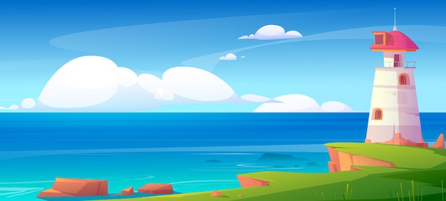 Бесплатное векторное изображение Маяк на берегу моря, здание маяка в природном ландшафте