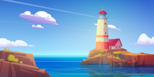 Lighthouse on rock island in sea. vector cartoon illustration\
of summer landscape of ocean shore with beacon and building on\
cliff. seascape with nautical navigation tower with lamp on\
coast