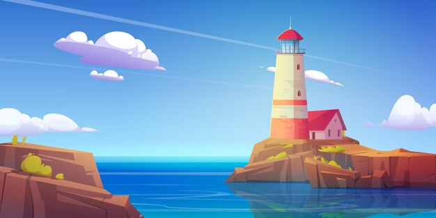 海の岩の島の灯台。ビーコンと崖の上の建物と海岸の夏の風景のベクトル漫画イラスト。海岸にランプが付いている航海のナビゲーションタワーが付いている海景