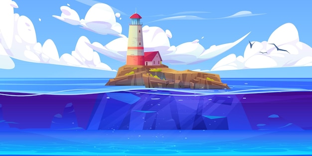 lighthouse on rocky island sea vector landscape