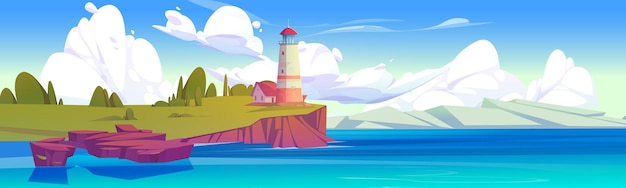 Free vector lighthouse on sea coast landscape with beacon