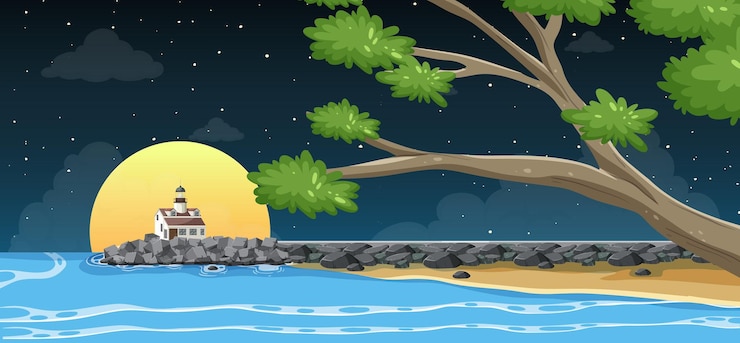 Free Vector lighthouse sea coast at night background