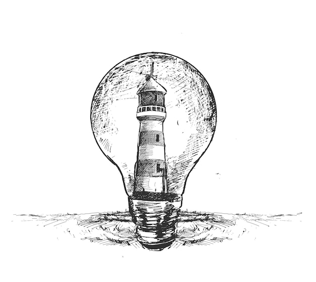 灯台スケッチアイコンアート装飾波スパイラル電球ベクトルイラスト