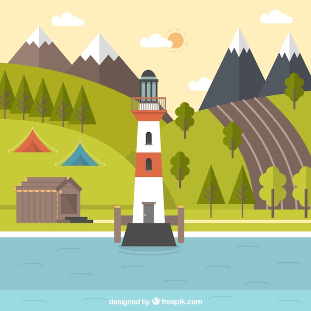 Free vector lighthouse with a wonderful natural landscape