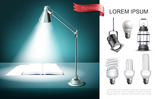 Lighting equipment concept with table lamp shining on book lantern lightbulbs spotlight in realistic style