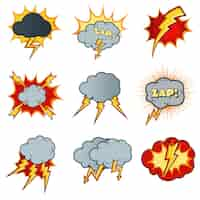 Free vector lightning icons set in cartoon comic style. flash explosion,  cloud caricature, electricity thunder