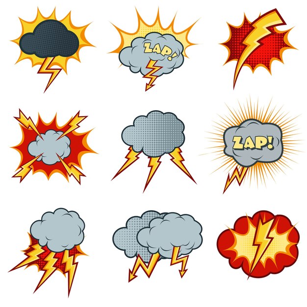 Набор иконок молнии в мультяшном стиле комиксов. Вспышка взрыва, карикатура на облако, электрический гром