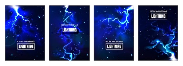 Free vector lightning posters realistic set with electric blue spark discharge in night sky isolated vector illustration