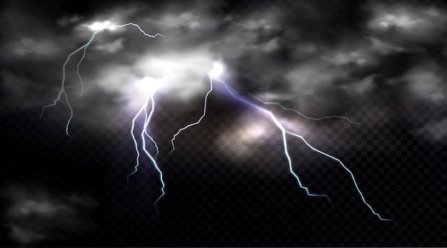 Lightning strikes and thundercloud, electric discharge and storm cloud, impact place or magical energy flash.