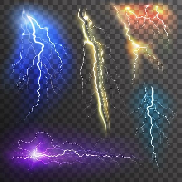 Free vector lightning transparent set in different colors realistic