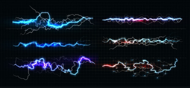 Lightning various colors set, glowing thunderbolt and brightning power shock magic lines on black background.