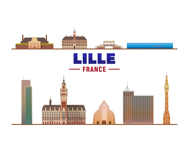 Lille france city landmarks at white background flat vector illustration with most famous buildings business travel and tourism concept with modern buildings image for banner or web site