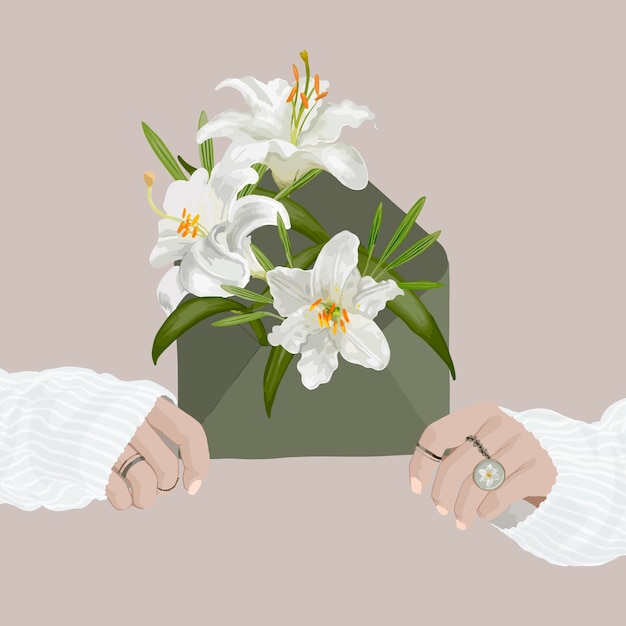 Free vector lily flower background, aesthetic illustration with women’s hands vector