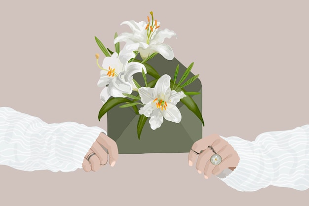 ユリの花の背景、女性の手のベクトルの美的イラスト