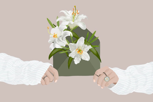 Lily flower background, aesthetic illustration with women&amp;rsquo;s hands vector