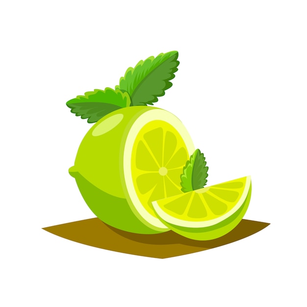 Lime fruits poster in cartoon style depicting whole and half of fresh juicy citruses