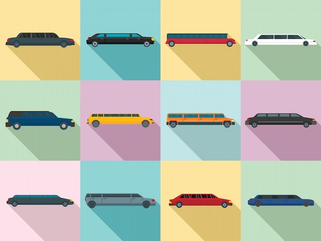 Limousine icons set, flat style