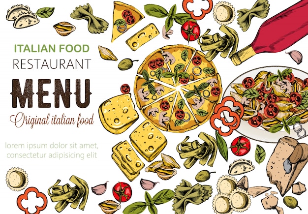 Бесплатное векторное изображение Линия художественная пищевая композиция с вкусной пиццей, пастой с помидорами, сыром и красным вином