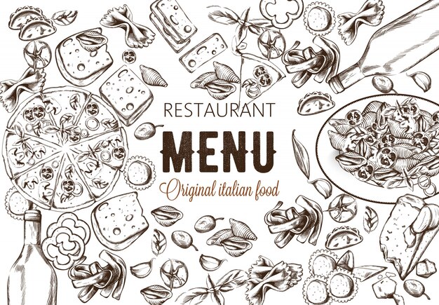 Line art food composition with delicious pizza, pasta with tomatoes