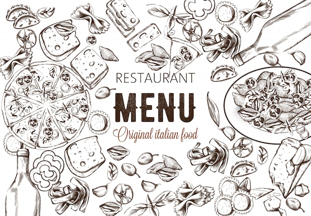 Line art food composition with delicious pizza, pasta with tomatoes