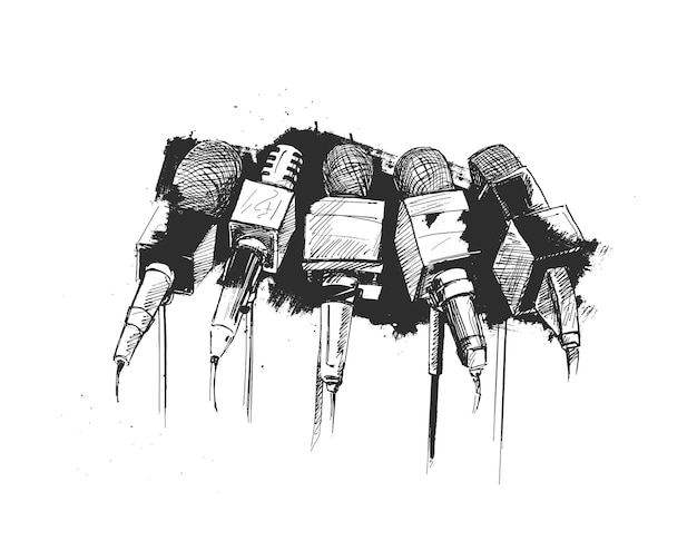 Штриховая иллюстрация микрофонов и записывающих устройств для символа журналистики