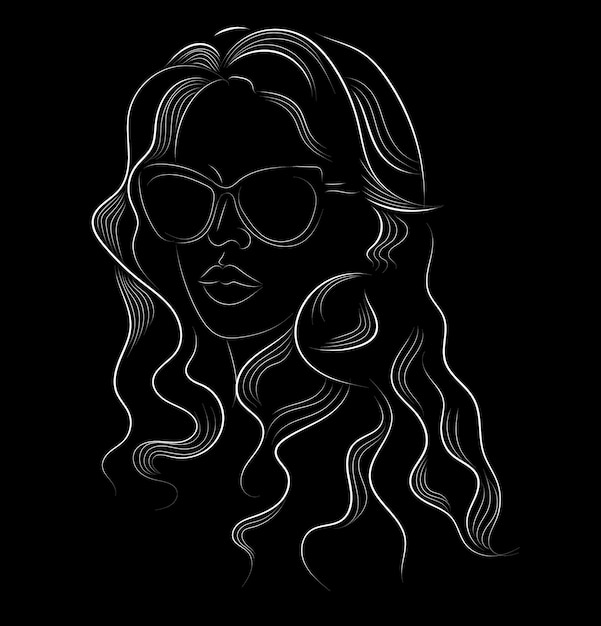 Line art of a long haired woman with sunglasses and a serious facial expression