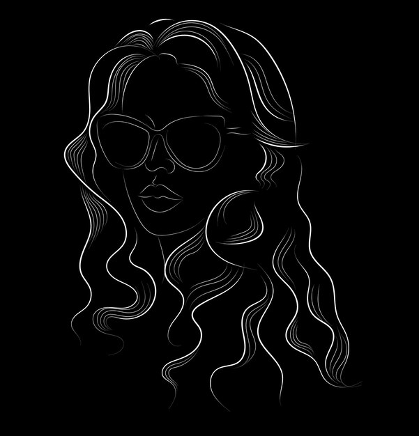 Line art of a long haired woman with sunglasses and a serious facial expression