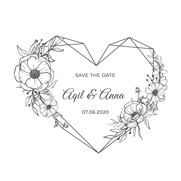 Vettore gratuito line art amore forma con bella cornice di fiori