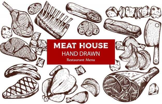 ソーセージ、ステーキ、豚カルビ、肉切り包丁のラインアート肉セット