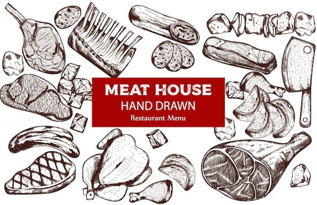 Line art meat set with sausage, steak, pork ribs and butcher knife