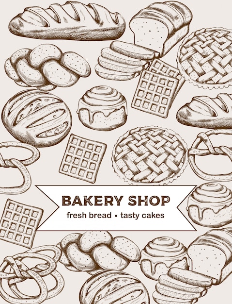 さまざまな種類のパンやケーキを含むベーカリー製品のラインアートセット
