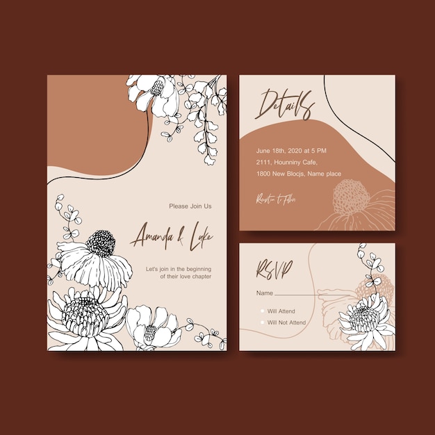 Line art tropical flower for  wedding invitation card