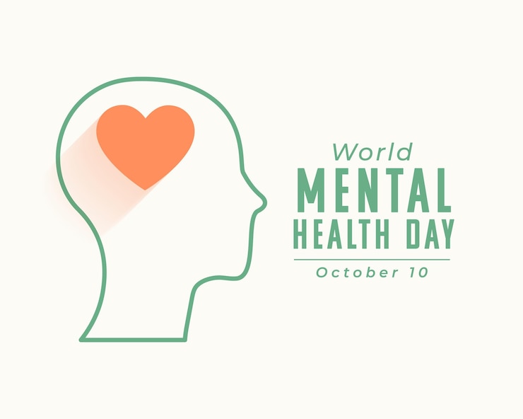 Free Vector line art world mental health day poster with human head and heart vector
