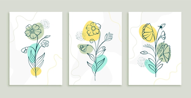 Line flower and leaves art template set