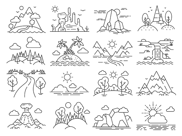 Line nature landscape. forest trees, mountain, tropical sea island, desert and volcano. outdoor adventure and hiking outline icon vector set. illustration landscape environment, nature forest drawing