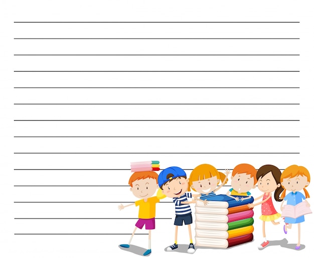 Free vector line paper template with kids reading book background