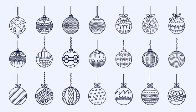 Line style christmas bauble elements design in set