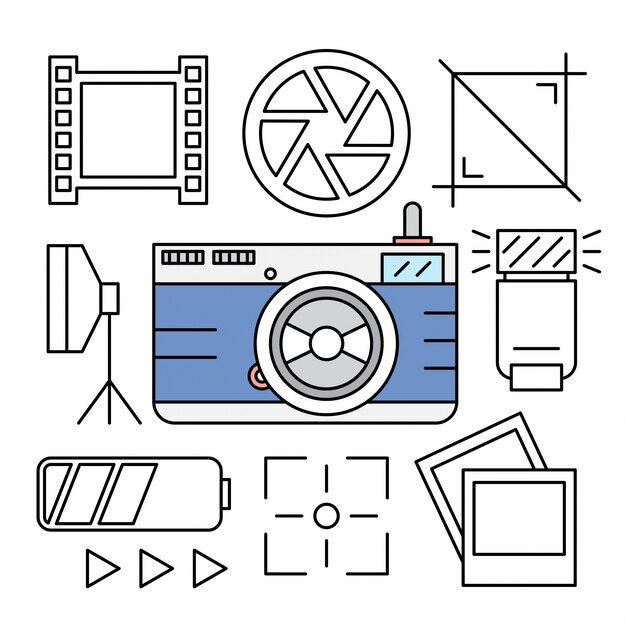 Linear camera and photography icons