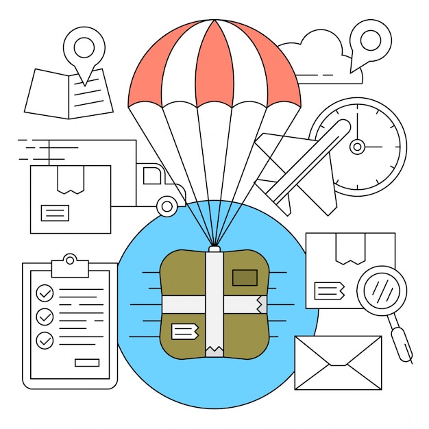 Free vector linear delivery icons with minimal parachuting box