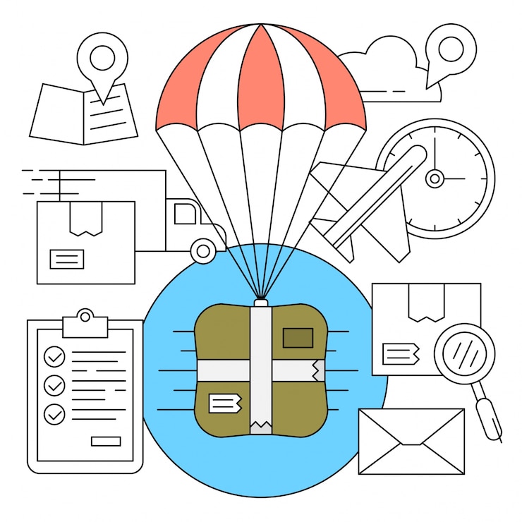 Free Vector linear delivery icons with minimal parachuting box