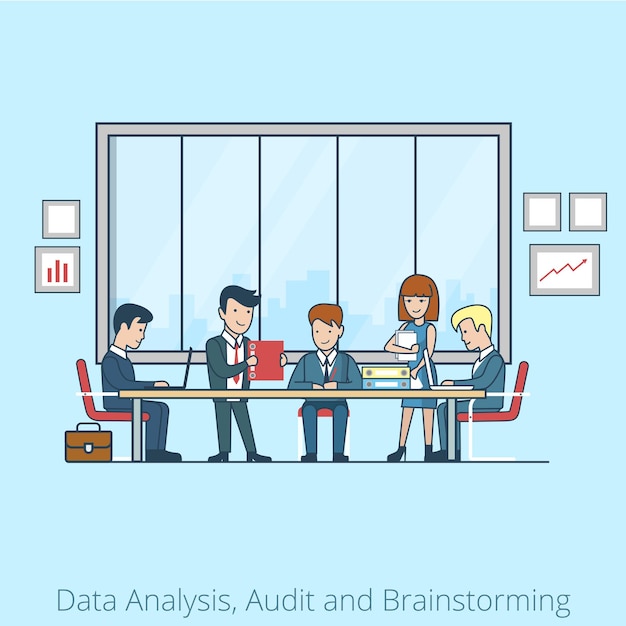 무료 벡터 회의실에서 브레인 스토밍 선형 평면 비즈니스 사람들 사업가, 비서, 관리자, 클라이언트 문자. 팀 분석, 감사, 기획 개념.