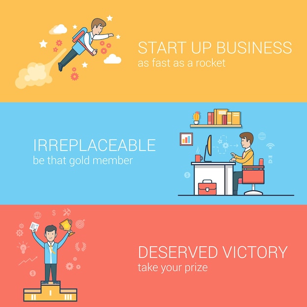 Free vector linear flat business startup, irreplaceable staff, success concepts set. businessman flying jetpack, worker at workplace, winner on pedestal