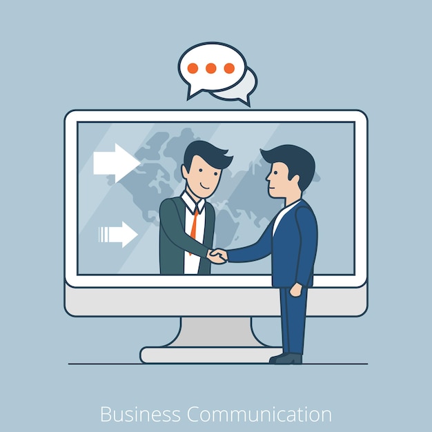 Free vector linear flat businessmen handshake over computer internet technology  business communications, globalization, teamwork concept.