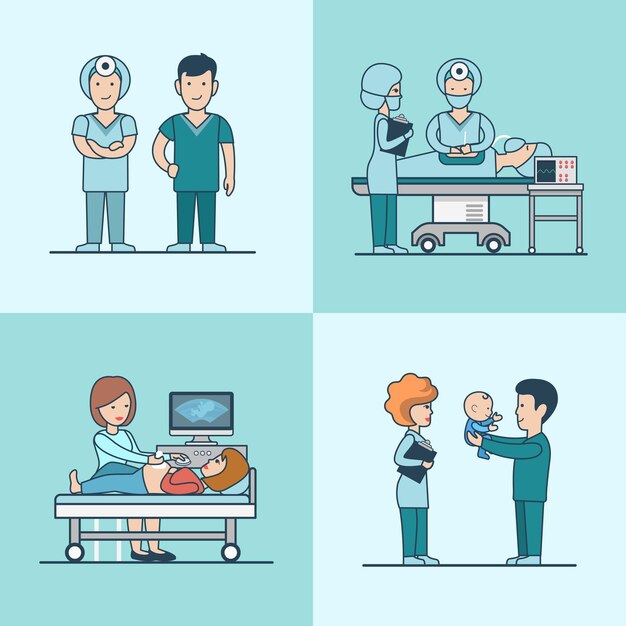 선형 평면 제왕 아기 출생 수술, 초음파 세트. 아이, 행복한 아버지, 임산부 및 의료 물건 문자. 건강 관리, 전문적인 도움 개념.