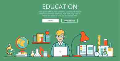 Free vector linear flat education website hero image  illustration. educational and knowledge concept. nerd student with laptop and college objects. microscope, globe, book, flask, test tube and sketch.