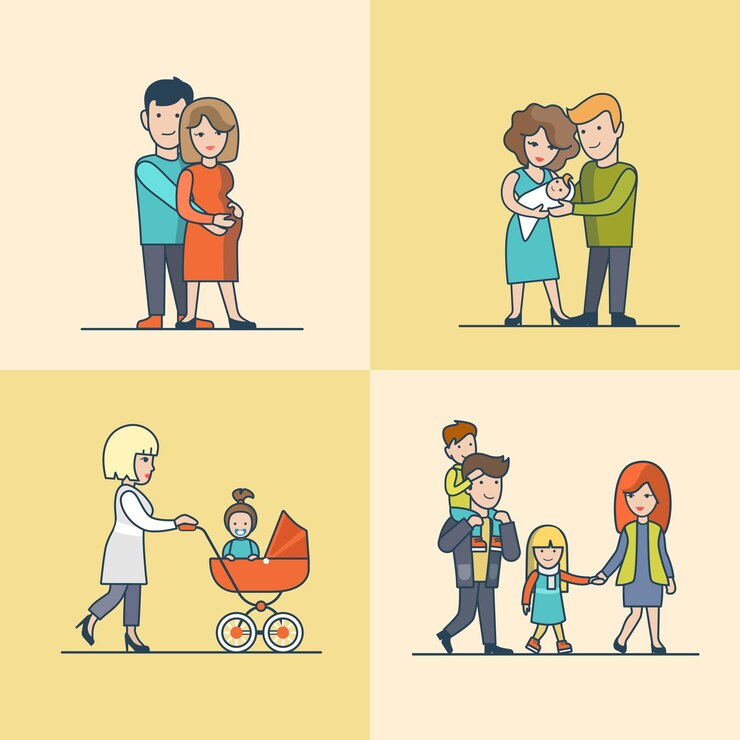 선형 평면 가족 유모차에 어린이 또는 아기와 함께 야외에서 산책, 임산부 망 포옹 세트. 캐주얼 라이프 육아 개념.