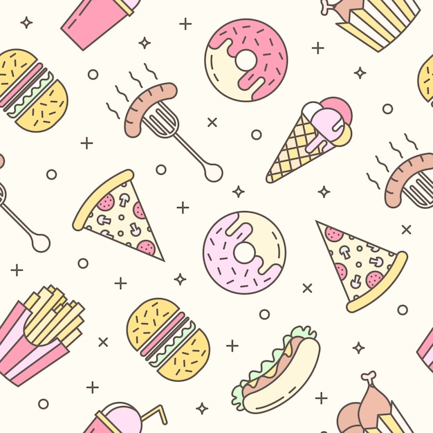 Linear Flat fast food icons seamless pattern. 