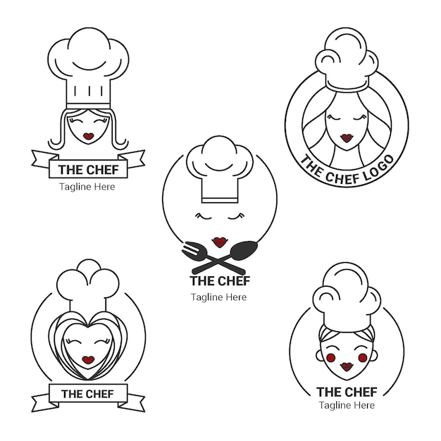 Vettore gratuito collezione di logo chef femminile piatto lineare