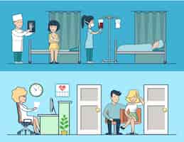 無料ベクター 線形フラット病院クリニックベクトル部屋インテリアイラストセット医師と患者のキャラクター